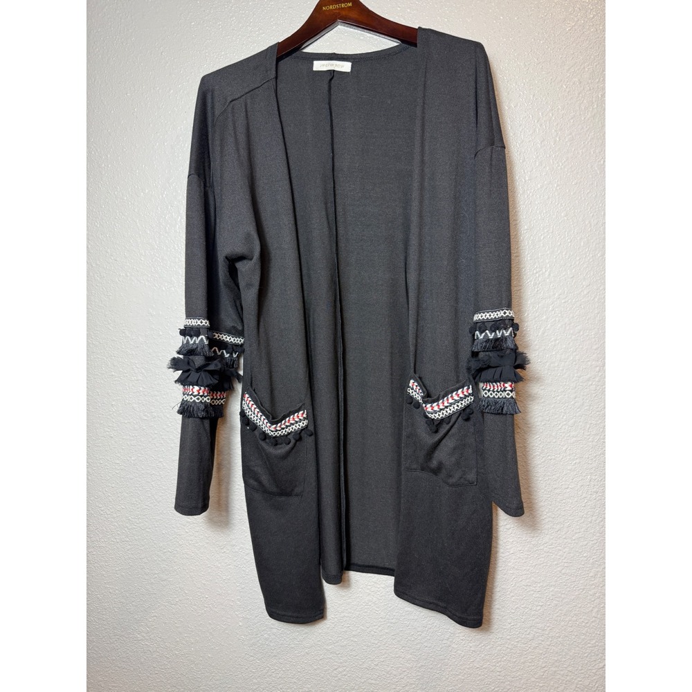 Hipster Row Embellished Duster Cardigan Black Open Front Fringe Sleeves SizeXL